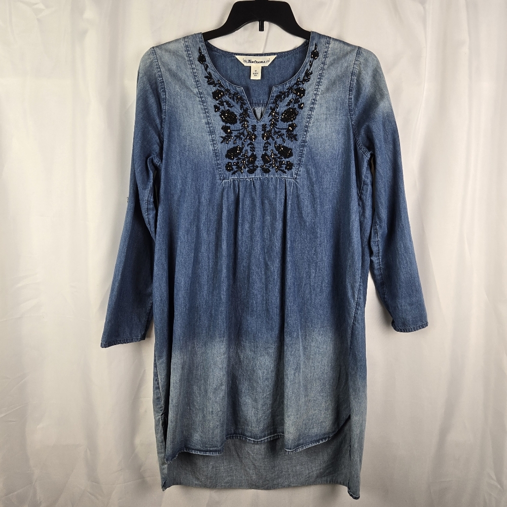 Tantrums Blue Chambray Denim Ombre Embroidered Beaded Hi-low Shift Dress Medium